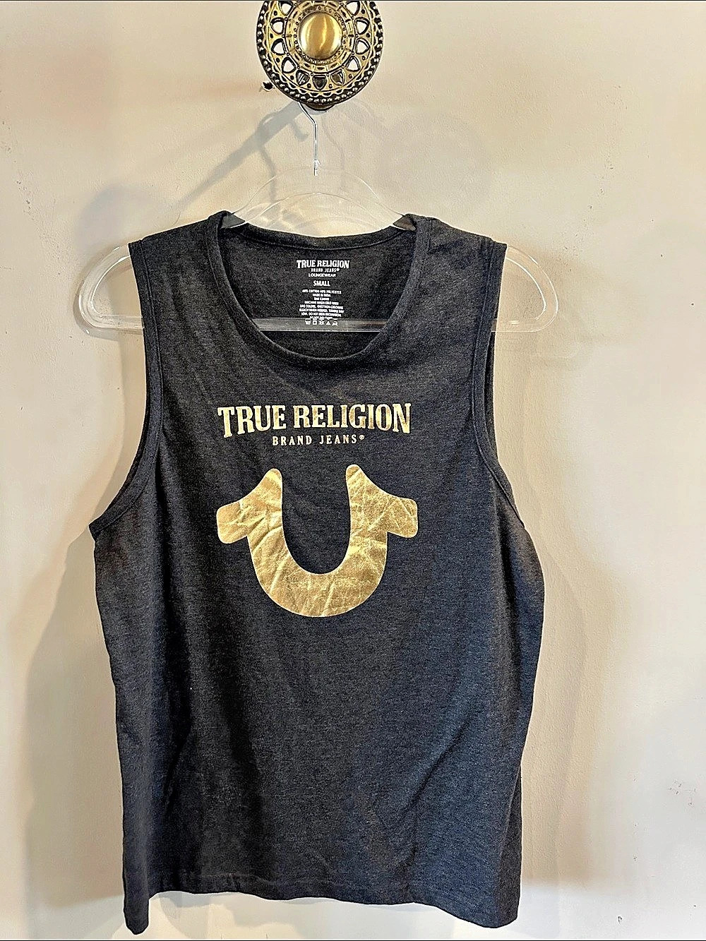 True Religion Loungewear Metallic Gold Horseshoe Tank Top Graphic Muscle Tee in
